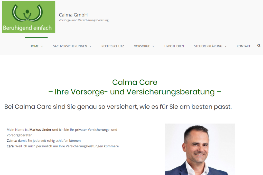 Website von Calma Care nach dem Business Coaching bei Erfolg Reich Sein